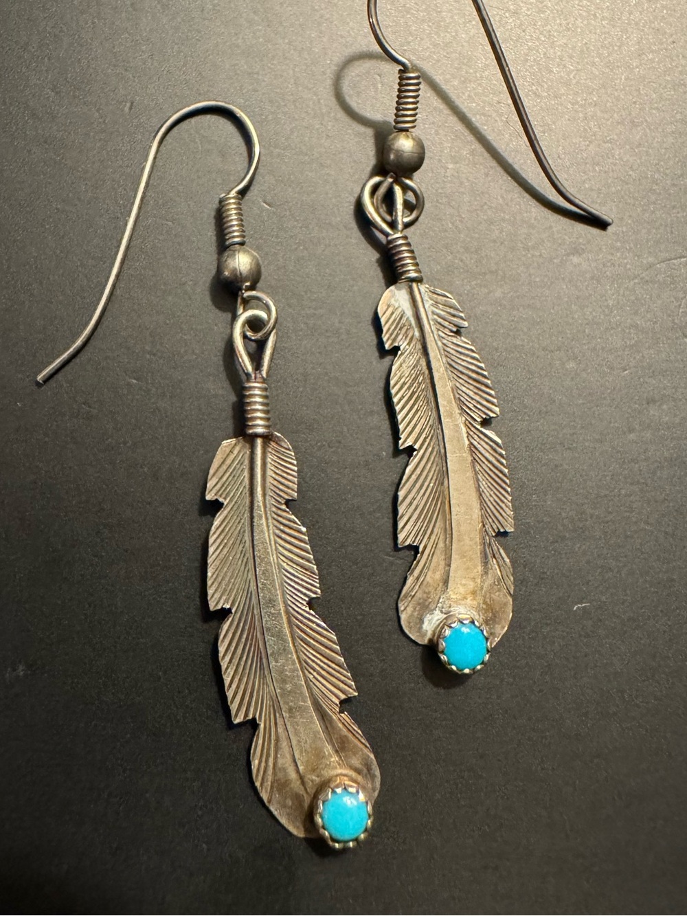 Sterling Silver Turquoise Feather Earrings Southwestern 2”